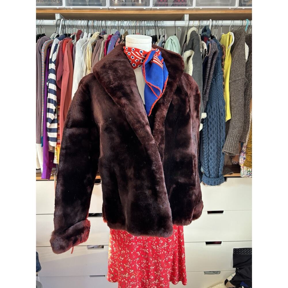 Vintage 50s KAufmanns Faux Fur Coat Dark Chocolate Brown Shawl Collar Cuffs